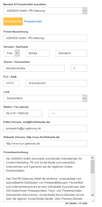 Mandant & Pressekontakt auswählen